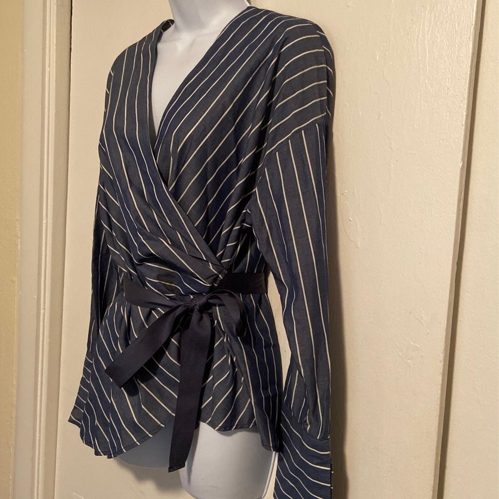 Who What Wear Pinstripe Wrap Around Blouse - Picture 3 of 8